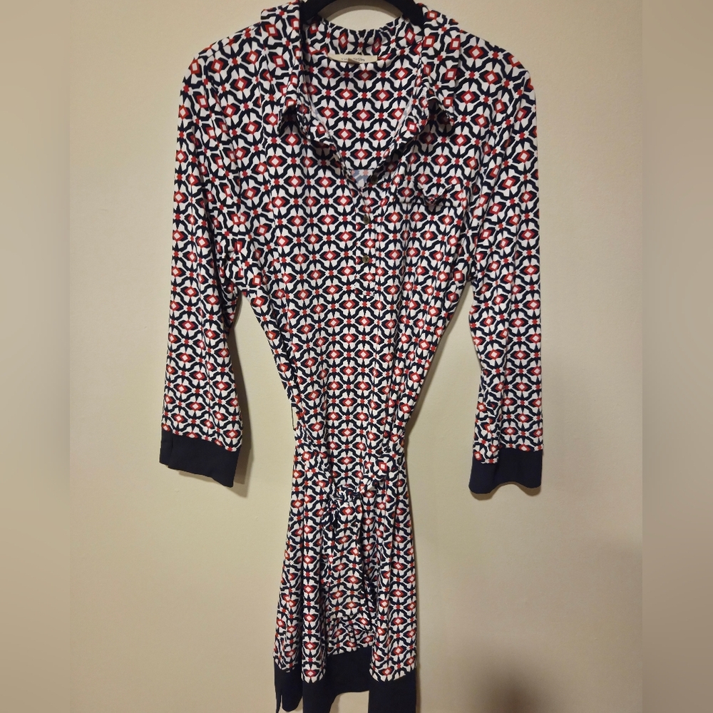 .41 Hawthorn Red and Navy Print Dress Quartee Length Sleeve Size Large